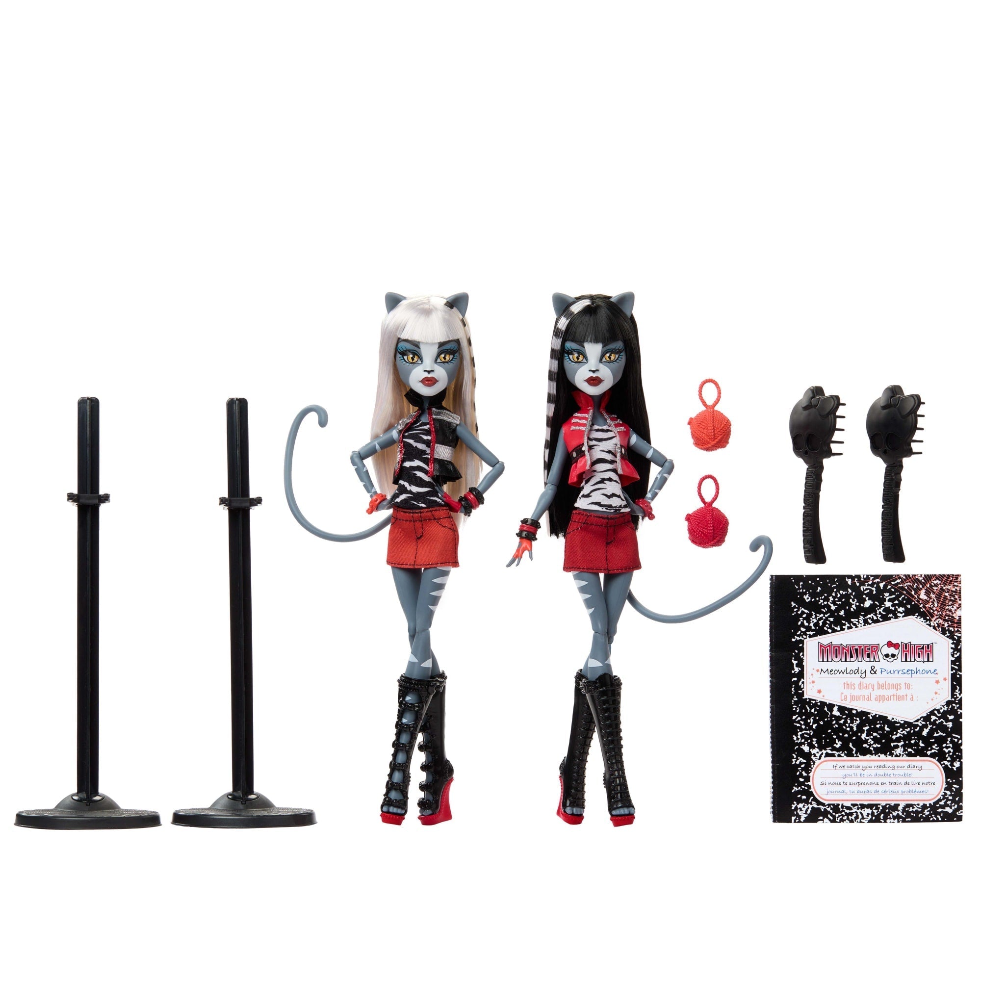 Monster High Boo-Riginal Creeproduction Meowlody And Purrsephone Dolls With Diary And Doll Stands