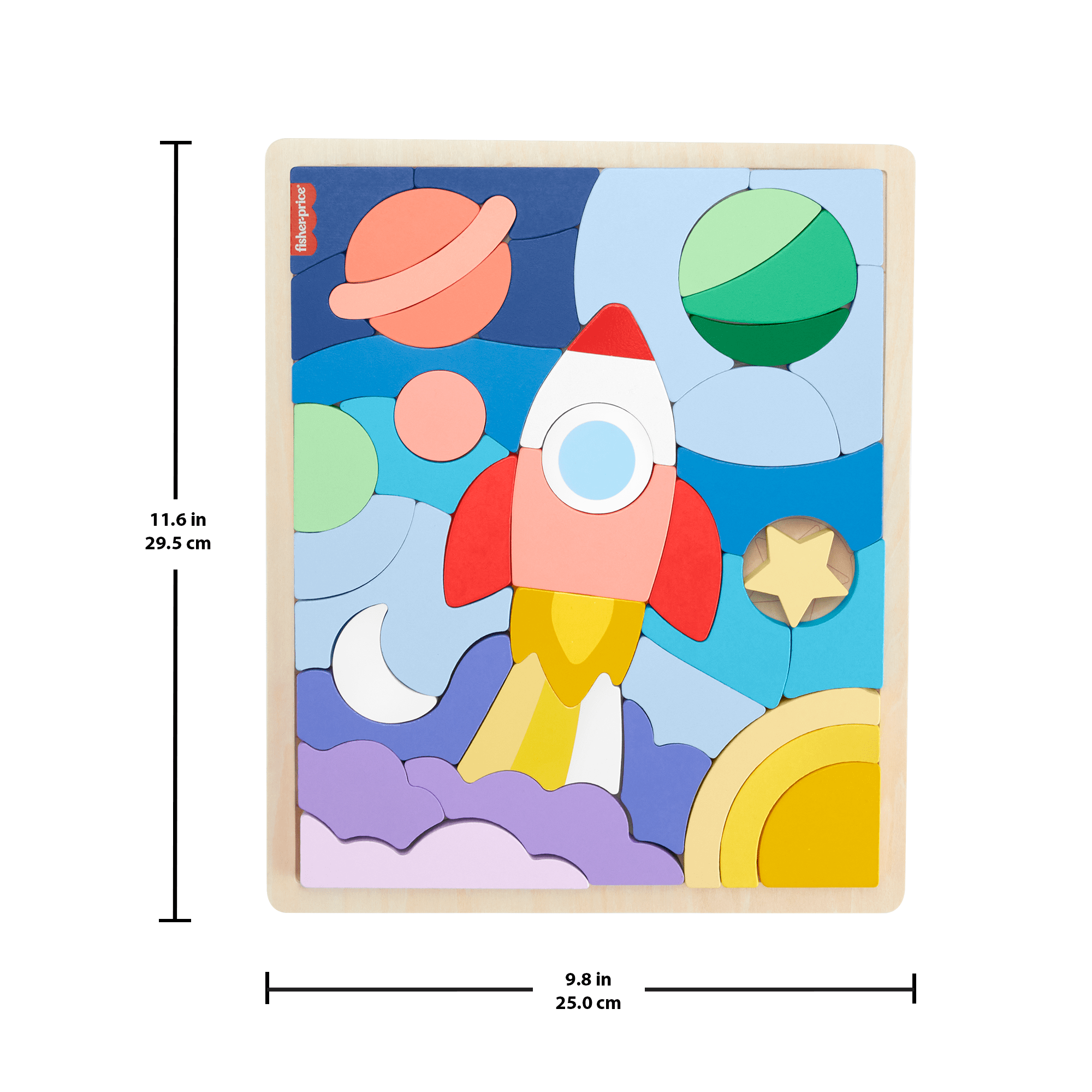 Fisher-Price Wooden Space Blocks Puzzle For Preschool Kids, 42 Wood Pieces