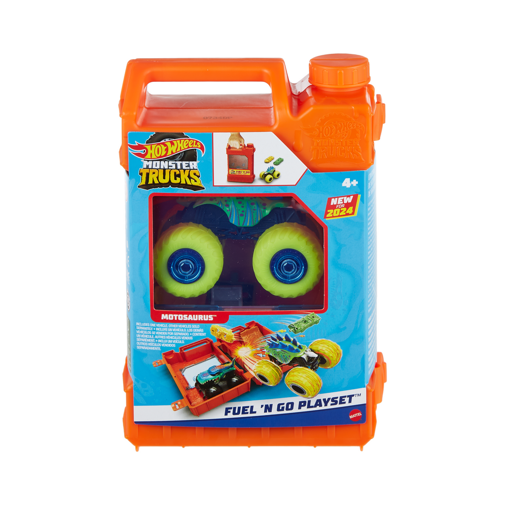 Hot Wheels Monster Trucks Fuel N’ Go Playset With 1:64 Scale Motosaurus Toy Truck & 2 Crushed Cars