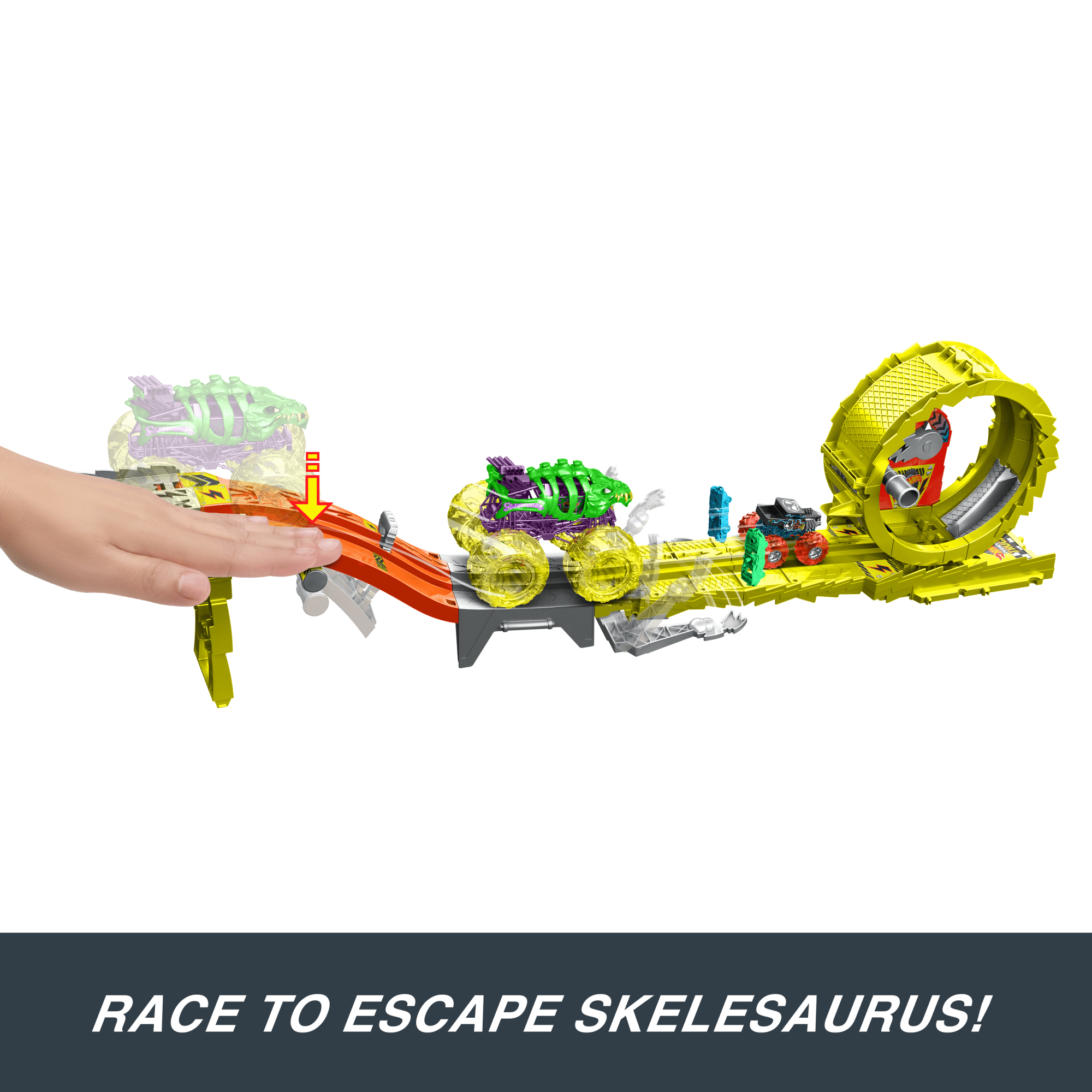 Hot Wheels Monster Trucks Power Smashers Charge & Chase Challenge Track Set With Oversized Skelesaurus, 1:64 Scale Bone Shaker & 2 Crushed Cars