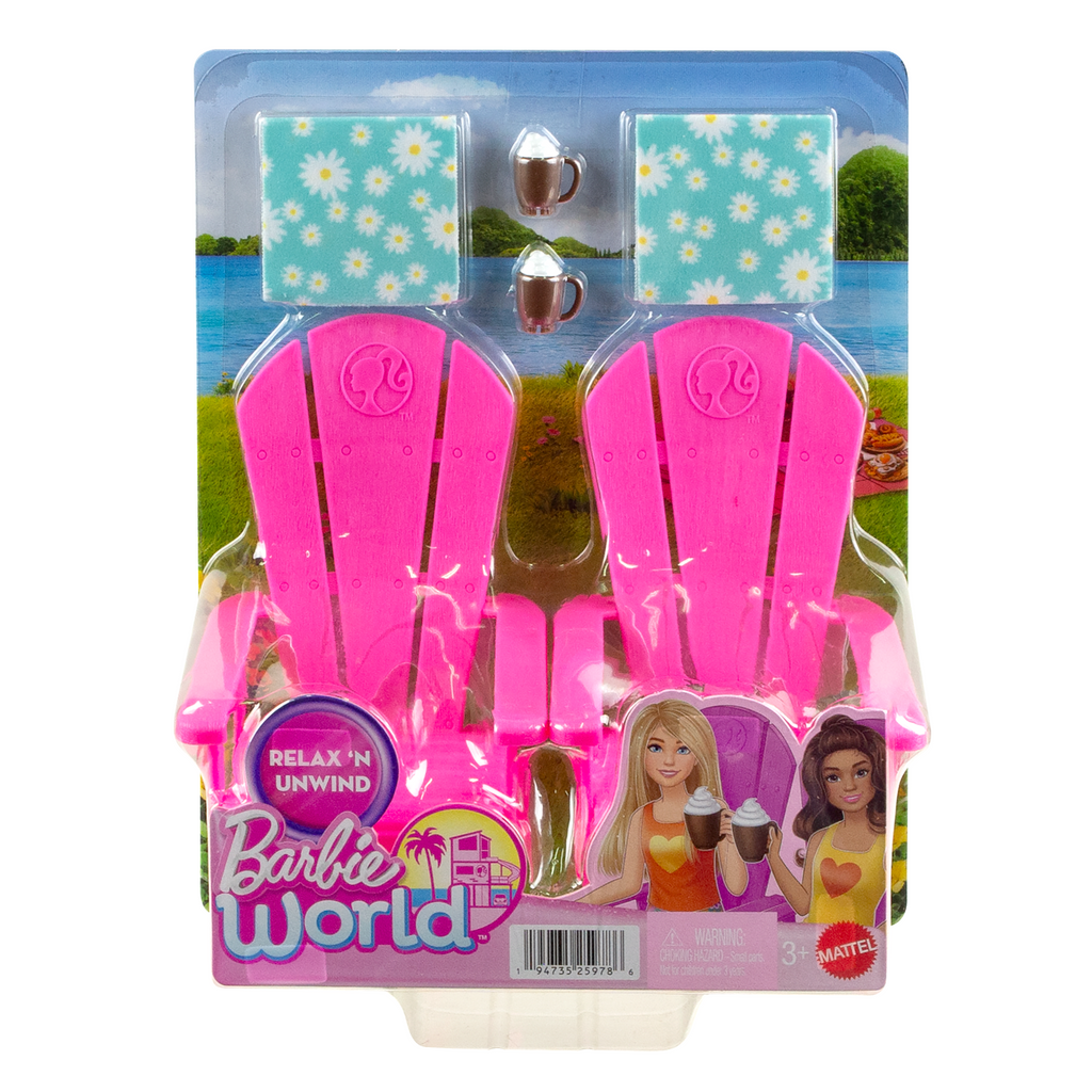 Barbie World Pink Chair Playset With 6 Accessories Including Furniture, Blankets, & Mugs
