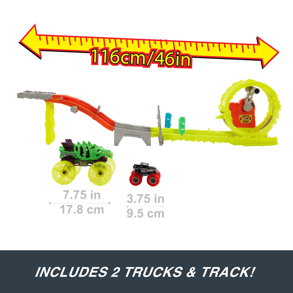 Hot Wheels Monster Trucks Power Smashers Charge & Chase Challenge Track Set With Oversized Skelesaurus, 1:64 Scale Bone Shaker & 2 Crushed Cars