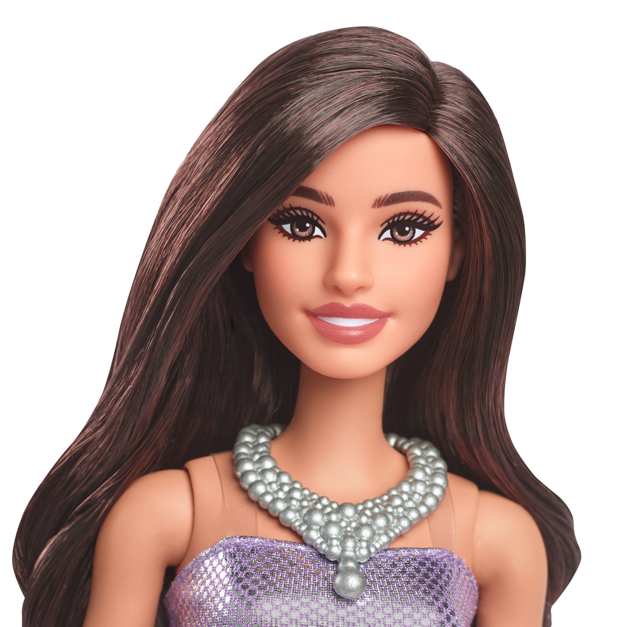 Barbie Fashionistas Doll #234 in Sequined Purple Dress And Silvery Accessories, Brown Hair