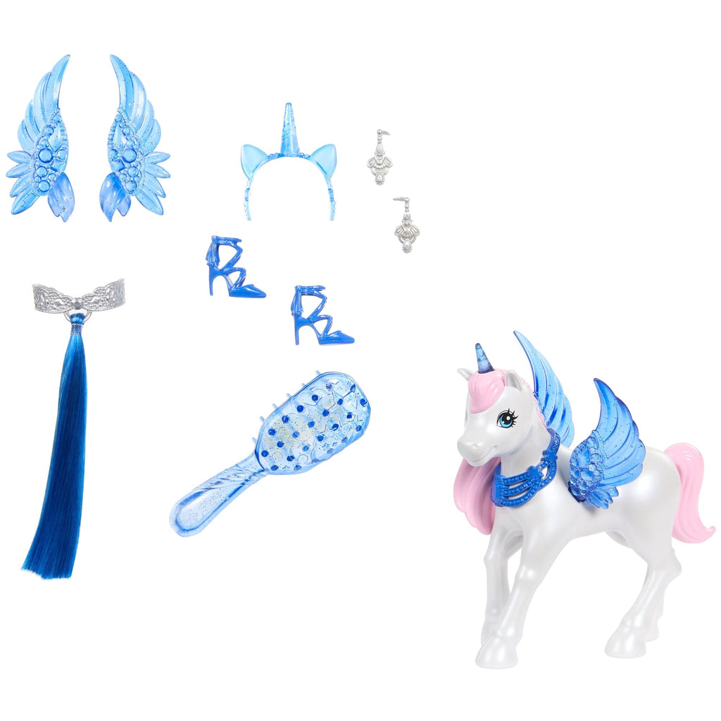 Barbie  65Anniversaire  Poupée et Animal  Licorne Ailée, Ch. Bleus