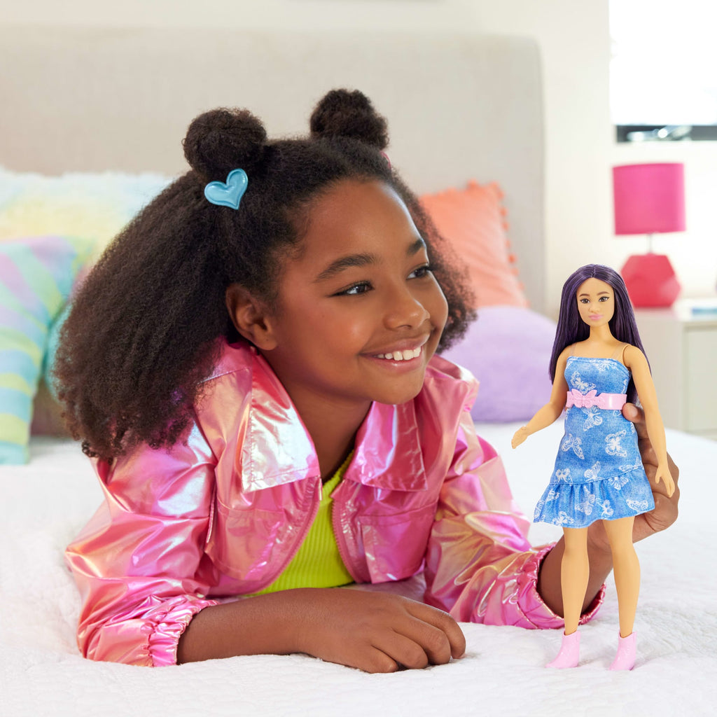 Barbie Fashionistas Doll #231 in Denim Butterfly Dress With Pink Belt, Purple Hair