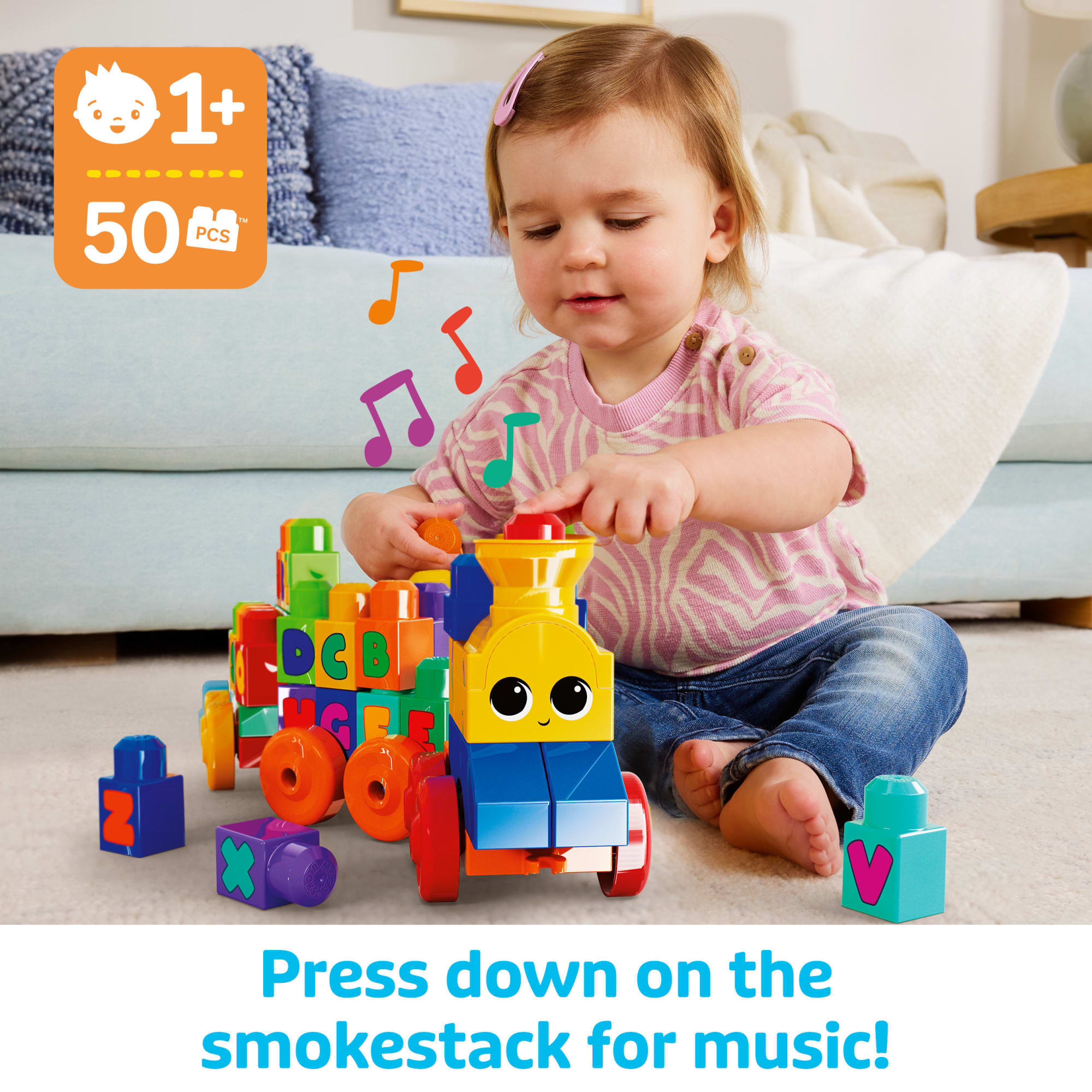 MEGA BLOKS First Builders ABC Musical Train Toy Building Blocks With Music (50 Pieces) For Toddler