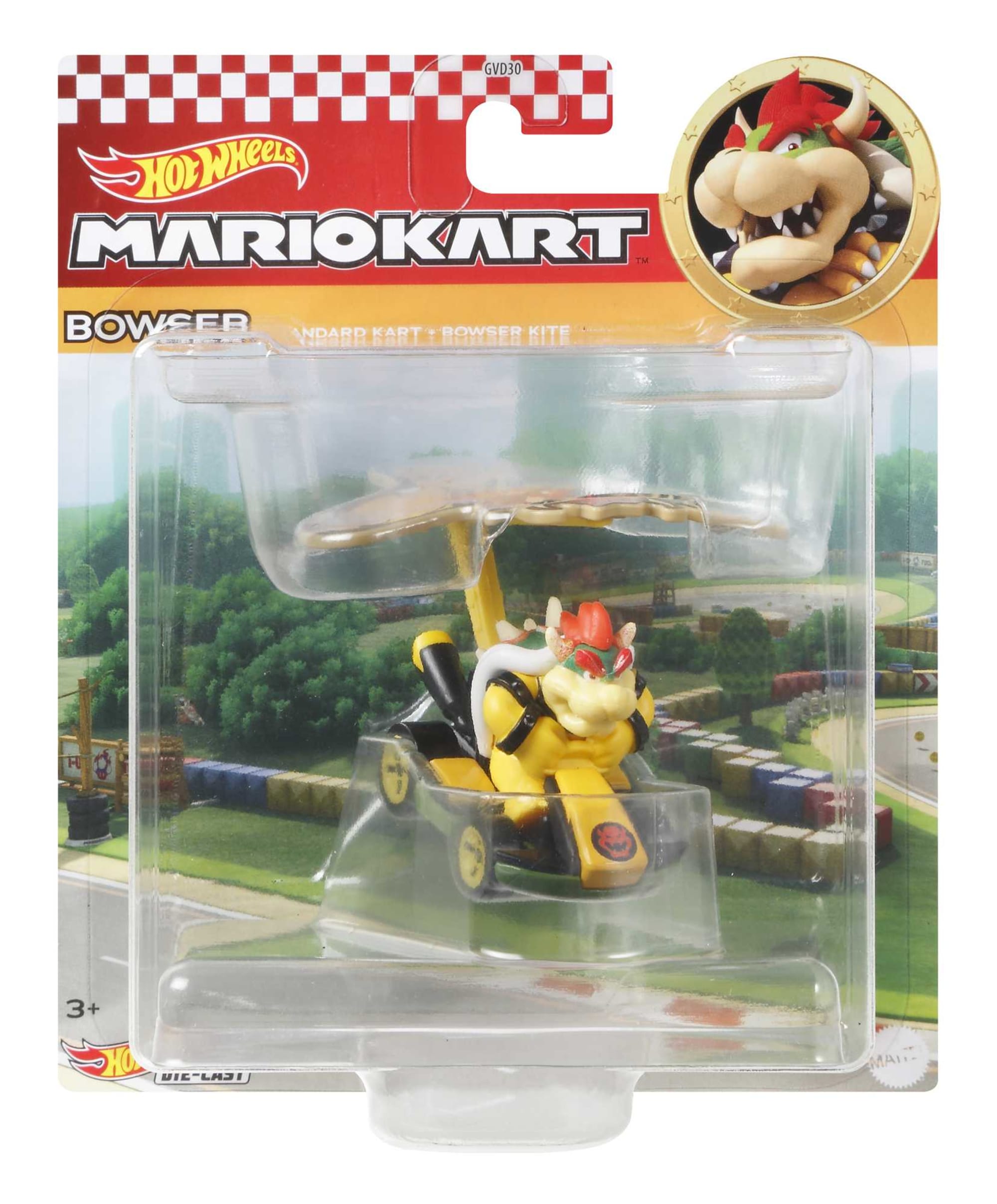 Hot Wheels Mario Kart Veículo de Brinquedo Bowser Padrão Kart com Paraquedas