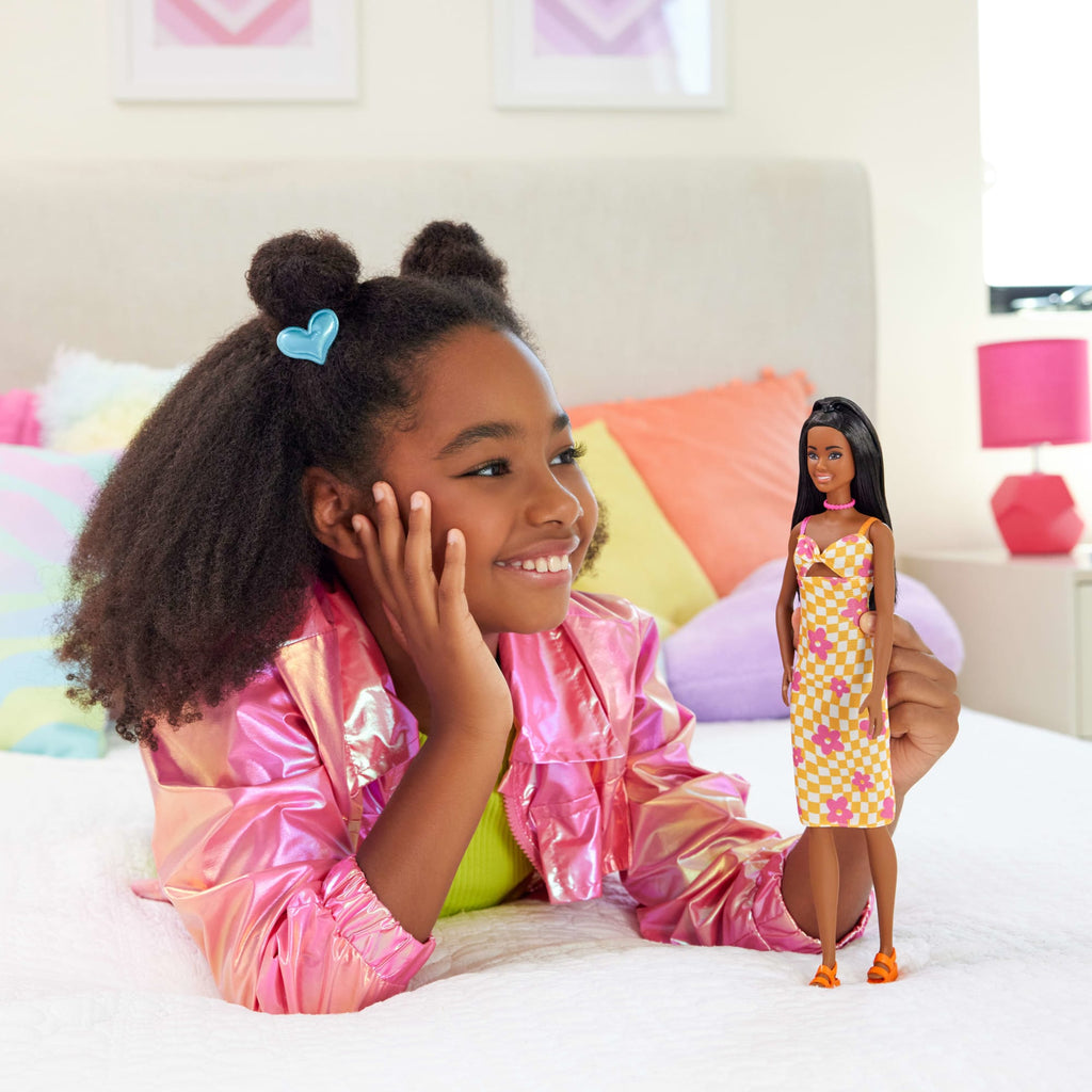 Barbie Fashionistas Doll #233 in Checkered Flower Midi Dress, Black Hair